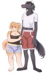  2019 4_toes 5_fingers alice_(jush) anthro barefoot black_fur black_hair blonde_hair breasts brown_eyes canid canine canis clothed clothing digital_media_(artwork) domestic_dog duo ear_piercing ear_ring female fur hair hi_res jush mammal piercing ruth_(jush) simple_background standing toes white_background 