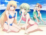  ahoge blonde_hair blush breasts cleavage cow_girl_(goblin_slayer!) elf eyebrows_visible_through_hair goblin_slayer! green_eyes green_hair guild_girl_(goblin_slayer!) high_elf_archer_(goblin_slayer!) highres large_breasts long_hair looking_at_viewer multiple_girls navel open_mouth pointy_ears priestess_(goblin_slayer!) purple_eyes red_hair short_hair sidelocks smile 