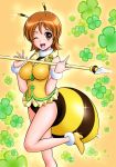  1girl antennae bee_costume blush breasts brown_eyes brown_hair choker clover clover_(flower) costume flower four-leaf_clover happinesscharge_precure! lance large_breasts looking_at_viewer mattsua medium_hair one_eye_closed oomori_yuuko open_mouth polearm precure smile solo sparkle striped vest weapon wristband 