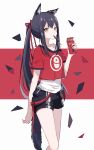  1girl animal_ears arknights black_hair black_shorts captain_yue crop_top food food_in_mouth hair_ribbon lappland_(arknights) long_hair looking_at_viewer mouth_hold pocky ponytail red_background red_ribbon red_shirt ribbon shirt short_shorts short_sleeves shorts solo tail tank_top two-tone_background very_long_hair white_background white_tank_top 
