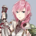  1girl blue_eyes blush breasts cape final_fantasy final_fantasy_xiii fingerless_gloves gloves haru_(nakajou-28) jewelry lightning_farron long_hair looking_at_viewer pink_hair simple_background skirt smile solo sword weapon white_background 