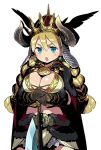  1girl armor blonde_hair blue_eyes braid breasts cape earrings gloves helmet horns jewelry large_breasts long_hair midriff navel open_mouth sekaiju_no_meikyuu sekaiju_no_meikyuu_x simple_background solo twin_braids white_background 