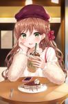  1girl absurdres bang_dream! blush bra_strap braid brown_hair cellphone collarbone cup drinking_straw eyebrows_visible_through_hair green_eyes highres holding holding_cup imai_lisa long_hair long_sleeves looking_at_viewer open_mouth phone pov_across_table red_headwear sitting smartphone smile solo tokkyu_(user_mwwe3558) very_long_hair wavy_hair 