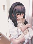  1girl animal animal_hug bangs black_hair black_hairband blush brown_cat cat cat_hair_ornament chromatic_aberration closed_mouth commentary electric_socket eyebrows_visible_through_hair hair_between_eyes hair_ornament hairband hairclip highres indoors kimi_to_kanojo_to_kanojo_no_koi. long_hair long_sleeves looking_at_viewer puffy_long_sleeves puffy_sleeves red_eyes revision shirt smile solo sone_miyuki tifg39 upper_body white_shirt 