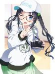  1girl ;d bangs baseball_cap black_hair blue_eyes blurry blurry_background blush brown-framed_eyewear camera clothes_writing commentary_request depth_of_field drawstring earrings eyebrows_visible_through_hair fingernails floral_print glasses green_skirt hair_ornament hairclip hat holding holding_camera hood hood_down hoodie hoop_earrings idolmaster idolmaster_shiny_colors index_finger_raised jewelry long_hair long_sleeves mitsumine_yuika one_eye_closed open_mouth parted_bangs print_hoodie puffy_long_sleeves puffy_sleeves skirt sleeves_past_wrists smile solo tsuedzu twintails very_long_hair white_headwear white_hoodie 