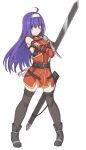  1girl ahoge arm_grab bare_shoulders belt black_footwear black_legwear blue_hair breasts commentary_request detached_sleeves eyebrows_visible_through_hair fingerless_gloves fire_emblem fire_emblem:_souen_no_kiseki full_body gloves green_eyes hair_between_eyes hairband headband holding holding_sword holding_weapon long_hair looking_at_viewer purple_hair red_gloves shiseki_hirame shoes simple_background smile solo standing sword thighhighs wayu_(fire_emblem) weapon white_background white_hairband white_headband 