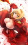  1girl ahige breasts cleavage epaulettes fate/grand_order fate_(series) green_eyes hair_intakes large_breasts leaning_forward looking_at_viewer nero_claudius_(fate) nero_claudius_(fate)_(all) patreon_username puffy_sleeves see-through smile solo sword weapon wide_sleeves 