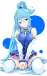  1girl aqua_(konosuba) bare_shoulders blue_eyes blue_hair blue_skirt breasts commentary_request detached_sleeves eyebrows_visible_through_hair hair_between_eyes hair_ornament hair_rings kneeling kono_subarashii_sekai_ni_shukufuku_wo! large_breasts long_hair looking_at_viewer skirt smile solo thighhighs toru_k white_legwear white_sleeves 