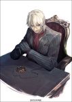  1boy antonio_salieri_(fate/grand_order) black_gloves blonde_hair closed_mouth desk expressionless fate/grand_order fate_(series) formal gloves hair_between_eyes hands_together kei-suwabe long_sleeves looking_at_viewer male_focus pinstripe_suit red_eyes red_scarf scarf short_hair silver_hair sitting solo striped suit twitter_username 