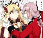  !? ... 2girls alternate_hair_color arm_grab black_nails blonde_hair braid commentary_request crown earrings ereshkigal_(fate/grand_order) eyebrows_visible_through_hair fate/grand_order fate_(series) florence_nightingale_(fate/grand_order) glaring gloves highres jewelry lavender_hair long_hair long_sleeves looking_at_another military military_uniform multiple_girls nail_polish rakku_(10219563) red_eyes red_ribbon ribbon scared single_braid skull spine trembling uniform wavy_mouth 