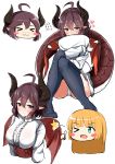  &gt;_&lt; &gt;_o 2girls absurdres ahoge anne_(shingeki_no_bahamut) ass bangs black_legwear blonde_hair blush blush_stickers breasts brown_eyes brown_hair brown_wings center_frills chibi closed_eyes closed_mouth commentary_request covered_mouth cropped_torso dragon_girl dragon_horns dragon_tail dragon_wings eyebrows_visible_through_hair frills grea_(shingeki_no_bahamut) green_eyes hair_between_eyes heart highres horns long_sleeves looking_at_viewer manaria_friends medium_breasts moyoron multiple_girls no_shoes off_shoulder one_eye_closed panties pillow pillow_hug pointy_ears shingeki_no_bahamut shirt simple_background sitting sleeves_past_wrists star tail thighhighs thumbs_up underwear upper_body wavy_mouth white_background white_panties white_shirt wings 