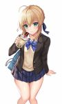  1girl ahoge artoria_pendragon_(all) bangs beige_vest black_jacket blazer blonde_hair blue_neckwear blue_skirt blush bow bowtie breasts bubble_tea casual collarbone collared_shirt commentary_request cup eyebrows_visible_through_hair fate/stay_night fate_(series) green_eyes hair_ribbon harimoji highres holding holding_cup jacket looking_at_viewer open_clothes open_jacket pleated_skirt ribbon saber school_uniform shirt sidelocks simple_background sitting skirt smile solo sparkle white_background white_shirt 