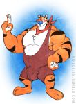  2014 4_fingers anthro belly biceps blue_nose blush bulge clothed clothing digital_media_(artwork) felid frosted_flakes fur kellogg&#039;s kihu male mammal mascot musclegut muscular muscular_male pantherine pecs smile solo stripes tiger tony_the_tiger wrestling_singlet 