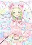  1girl :d animal_ears bear_ears bear_hood birthday_cake blush bow box cake character_name commentary_request confetti cuffs drawstring fake_animal_ears fingernails food forehead full_body gift gift_bag gift_box green_eyes green_hair handcuffs hands_up happy_birthday heart highres hood hood_up hooded_jacket jacket keyhole long_sleeves meito_(maze) morinaka_kazaki nijisanji open_mouth pennant pink_jacket pink_legwear pink_shorts polka_dot polka_dot_bow red_bow short_shorts shorts sitting sleeves_past_wrists smile socks solo sparkle streamers string_of_flags striped striped_jacket striped_legwear stuffed_animal stuffed_toy teddy_bear virtual_youtuber wariza white_background 