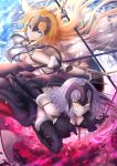  2girls absurdres ahoge armor armored_dress bangs blonde_hair blue_eyes blush braid breasts cape chain cleavage closed_mouth dress eyebrows_visible_through_hair fate/apocrypha fate/grand_order fate_(series) faulds floating_hair from_above fur-trimmed_cape fur_collar fur_trim gauntlets gloves grin headpiece highres holding holding_sword holding_weapon jeanne_d&#039;arc_(alter)_(fate) jeanne_d&#039;arc_(fate) jeanne_d&#039;arc_(fate)_(all) large_breasts long_hair looking_at_viewer multiple_girls outdoors penguintake petals plackart silver_hair single_braid smile standard_bearer sword thighhighs tsurime very_long_hair weapon wind yellow_eyes 
