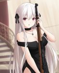  1girl :d bangs black_dress blush bolt_action breasts cleavage collarbone cross cross_necklace dress eyebrows_visible_through_hair girls_frontline gun hair_between_eyes hair_ribbon highres holding holding_gun holding_weapon indoors jewelry kar98k_(girls_frontline) keenh long_hair looking_at_viewer mauser_98 medium_breasts necklace off-shoulder_dress off_shoulder open_mouth ribbon rifle ring sidelocks signature smile solo very_long_hair weapon wedding_band white_hair 