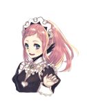 1girl :d black_shirt blue_eyes brown_hair cropped_torso danno_gs felicia_(fire_emblem_if) fire_emblem fire_emblem_if floating_hair long_hair long_sleeves looking_at_viewer maid open_mouth shirt simple_background smile solo white_background 