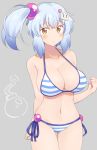  1girl bikini blue_hair blush bombergirl breasts brown_eyes closed_mouth collarbone eyebrows_visible_through_hair frown grey_background hair_ornament highres large_breasts looking_at_viewer mukuba navel shiro_(bombergirl) short_hair side-tie_bikini side_ponytail simple_background solo standing striped striped_bikini swimsuit yellow_eyes 