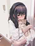  1girl animal animal_hug bangs black_hair black_hairband blush brown_cat cat cat_hair_ornament chromatic_aberration closed_mouth commentary electric_socket eyebrows_visible_through_hair hair_between_eyes hair_ornament hairband hairclip highres indoors kimi_to_kanojo_to_kanojo_no_koi. long_hair long_sleeves looking_at_viewer puffy_long_sleeves puffy_sleeves red_eyes shirt smile solo sone_miyuki tifg39 upper_body white_shirt 