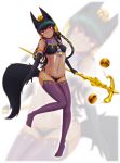  1girl absurdres animal_ears anubis_(monster_girl_encyclopedia) balance_scale black_gloves dark_green_hair dark_skin dog_ears dog_tail egyptian elbow_gloves full_body gloves green_hair hair_ornament highres jackal long_hair looking_at_viewer monster_girl monster_girl_encyclopedia navel red_eyes simple_background snake_hair_ornament solo staff tail thighhighs weighing_scale white_background wlper 