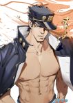  1boy absurdres belt black_hair black_headwear black_jacket blue_eyes chain collarbone hat highres jacket jojo_no_kimyou_na_bouken kentllaall kuujou_joutarou looking_at_viewer male_focus open_clothes open_jacket open_mouth solo 