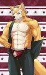  5_fingers abs biceps blush bulge canid canine clothed clothing fox fur green_eyes hair headgear headwear invalid_tag male mammal muscular muscular_male nervous nintendo orange_fur pants pecs simple_background solo standing star_fox tan_fur underwear undressing unknown_(disambiguation) unknown_artist video_games 