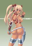  ass ayumi ayumi_(x-blades) blonde_hair blue_eyes breasts kihaiu large_breasts looking_back oniblade open_mouth pointing thong x-blades 
