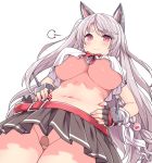  1girl :3 =3 animal_ears azur_lane bandaid bandaid_on_pussy bangs belt belt_buckle black_skirt bow braid breasts buckle commentary_request cowboy_shot crop_top crop_top_overhang eyebrows fingerless_gloves from_below gloves hands_on_hips hasu_(hk_works) looking_at_viewer mechanical_ears microskirt multicolored multicolored_nails nail_polish navel no_bra no_panties paw_print pleated_skirt red_belt red_eyes red_gloves short_eyebrows side_braid simple_background skirt slit_pupils solo tattoo thick_eyebrows underboob upskirt white_background white_hair wolf_ears wolf_girl yuudachi_(azur_lane) 