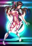  1girl adapted_costume bandaid bandaids_on_nipples blush bodysuit breasts brown_eyes brown_hair closed_mouth d.va_(overwatch) facepaint full_body gloves gun headphones lips long_hair looking_at_viewer medium_breasts navel overwatch pasties sevie solo standing weapon white_gloves 