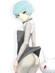  1girl artist_request ass blue_eyes blue_hair breasts cascoon creatures_(company) game_freak gen_3_pokemon highres looking_at_viewer nintendo pokemon pokemon_(game) pokemon_dppt red_eyes shiny shiny_clothes shiny_hair short_hair sideboob skirt skirt_lift small_breasts solo team_galactic team_galactic_grunt uniform 