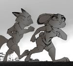  2019 anthro barefoot canid canine cheek_tuft claws clothed clothing dipstick_ears disney duo female fox greyscale half-closed_eyes judy_hopps lagomorph looking_at_butt male mammal monochrome nick_wilde outside pawpads rabbit running shorts simple_background smile thewyvernsweaver toe_claws tuft zootopia 