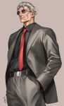  1boy belt fate/extra fate_(series) formal grey_background hand_in_pocket highres li_shuwen_(fate) light_smile looking_at_viewer male_focus necktie shirt_tucked_in silver_hair simple_background solo sora_yoshitake_yuda suit sunlight 