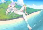  3girls :&gt; bandage bandage_over_one_eye bandaged_arm bandaged_leg bandages barefoot beach blonde_hair blush cloud commentary_request fate/grand_order fate_(series) forest fujimaru_ritsuka_(female) giantess hands_on_own_stomach hat island kingprotea koume_keito light_smile long_hair lying moss mountain multiple_girls nature on_back one-piece_swimsuit paul_bunyan_(fate/grand_order) purple_eyes purple_hair short_hair side-by-side size_difference sky smile soaking_feet spread_toes striped swim_cap swimsuit tree vertical-striped_hat vertical-striped_swimsuit vertical_stripes very_long_hair water 