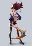  1girl absurdres akali baseball_cap belt black_choker black_footwear black_jacket black_legwear bracelet breasts chauncey1994 choker hand_on_hip hat headset highres holding holding_weapon idol jacket jewelry k/da_(league_of_legends) k/da_akali league_of_legends long_hair looking_at_viewer midriff navel ponytail red_hair red_lips small_breasts solo triangle_earrings visor_cap weapon 