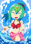  1girl bikini blue_sky breasts chiki cleavage closed_eyes cloud droplet fire_emblem green_hair intelligent_systems open_mouth pointy_ears ponytail reaching_out red_bikini setz sky smile sparkle swimsuit water 