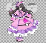  1girl alternate_costume bangs black_hair bonnet bow braid checkered checkered_background closed_mouth commentary_request dream_ball dress flat_chest frilled_dress frills full_body gen_7_pokemon grey_background grey_eyes hair_between_eyes hair_bow hair_ornament happy jpeg_artifacts long_hair long_sleeves looking_at_viewer namako_plum official_style pantyhose pink_bow pink_dress pink_eyes pink_footwear pink_headwear plum_(plum_no_bouken_note) plum_no_bouken_note poke_ball poke_ball_symbol pokemon pokemon_(creature) pyukumuku shoes simple_background smile solo_focus standing tied_hair twin_braids two-tone_background virtual_youtuber white_legwear 