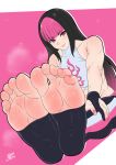  1girl barefoot commission feet fingerless_gloves gloves han_juri highres k.ty_(amejin) long_hair looking_at_viewer nail_polish no_shoes pov_feet sitting soles solo street_fighter street_fighter_v toenail_polish toenails toes 