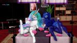  3d_(artwork) anthro bed butt clothing digital_media_(artwork) domestic_cat duo equid felid feline felis footwear friendship_is_magic hi_res high_heels horn loveslove mammal my_little_pony princess_celestia_(mlp) princess_luna_(mlp) pussy shoes television unicorn video_games 