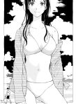  1boy 1girl absurdres bikini black_hair breasts commentary_request dog dog_walking greyscale highres jacket jacket_over_swimsuit long_hair looking_at_viewer medium_breasts monochrome navel official_art short_hair swimsuit watanuki_chihiro wet yugami-kun_ni_wa_tomodachi_ga_inai yugami_yuuji 