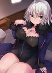  1girl 207loz absurdres ahoge black_dress black_jacket black_panties breasts coat dress fate/grand_order fate_(series) fur-trimmed_coat fur-trimmed_jacket fur-trimmed_sleeves fur_trim highres jacket jeanne_d&#039;arc_(alter)_(fate) jeanne_d&#039;arc_(fate)_(all) jewelry large_breasts necklace on_bed open_clothes open_coat open_jacket panties pantyshot pantyshot_(sitting) pillow short_dress short_hair silver_hair sitting solo sweat underwear wicked_dragon_witch_ver._shinjuku_1999 yellow_eyes 