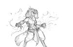  2018 absurd_res anthro digitigrade gnoll hi_res hyaenid magic male mammal monochrome simple_background sketch solo standing watsup white_background 