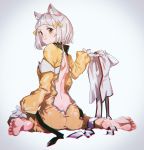  1girl animal_ears ass back bangs barefoot blunt_bangs bodysuit cat_ears closed_mouth from_behind gloves grey_background hair_ribbon highres l0wr1se looking_at_viewer niyah open_clothes ribbon scarf scarf_removed short_hair silver_hair simple_background sitting solo wariza white_gloves xenoblade_(series) xenoblade_2 yellow_bodysuit yellow_eyes yellow_ribbon zipper 