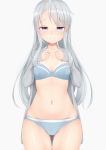  1girl ass_visible_through_thighs belly bra breasts collarbone embarrassed kantai_collection long_hair looking_at_viewer ne_an_ito panties purple_eyes sagiri_(kantai_collection) silver_hair simple_background small_breasts solo sweater_vest underwear white_background 