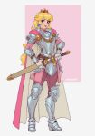  1girl absurdres alternate_costume armored_boots artist_name belt blonde_hair blue_eyes blush boots breastplate cape closed_mouth crown diego_fonteriz earrings english_commentary full_body gem gloves grey_footwear happy highres holding holding_sword holding_weapon jewelry light_blush lips long_hair long_sleeves looking_to_the_side mario_(series) pants pink_background pink_cape pink_lips pink_shirt princess_peach purple_pants sheath sheathed shiny shiny_hair shirt shoulder_armor signature simple_background smile solo spaulders standing sword two-tone_background vambraces weapon white_gloves 