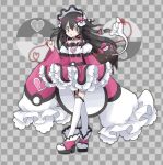  1girl alternate_costume bangs bare_shoulders black_choker black_hair blush_stickers bow braid checkered checkered_background choker commentary_request dress flat_chest full_body garter_straps gen_7_pokemon grey_background grey_eyes hair_between_eyes hair_bow hair_ornament hand_up heart heart_of_string jpeg_artifacts long_hair long_sleeves looking_at_another looking_to_the_side love_ball namako_plum off_shoulder official_style open_mouth pink_bow pink_dress pink_eyes pink_footwear pinky_out plum_(plum_no_bouken_note) plum_no_bouken_note poke_ball poke_ball_symbol pokemon pokemon_(creature) pyukumuku shoes simple_background sleeves_past_fingers sleeves_past_wrists solo_focus standing string thighhighs tied_hair twin_braids two-tone_background virtual_youtuber white_legwear wide_sleeves 