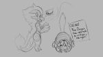  16:9 anthro cheese_quesadilla chibi clothed clothing covering cute_fangs dialogue domestic_cat dragon duo felid feline felis female grey_background hair horn long_hair male mammal monochrome nude open_mouth raised_tail scared simple_background smile watderg watsup 
