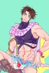  1boy battle_tendency boots brown_hair denim denim_shorts fingerless_gloves food fruit gloves highres jakual jojo_no_kimyou_na_bouken joseph_joestar_(young) male_focus mouth_hold open_pants ribbon scarf shorts solo spoon_in_mouth strawberry striped striped_scarf wristband 