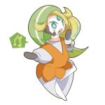  1:1 bianca_(pok&eacute;mon) blush female fezmangaka green_hair hair legendary_pok&eacute;mon long_hair meloetta nintendo pok&eacute;mon pok&eacute;mon_(species) shrinking solo text transformation video_games 