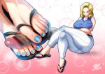  1girl android_18 blonde_hair blue_eyes blue_nails breasts closed_mouth commission crossed_arms crossed_legs denim dragon_ball dragon_ball_super dragon_ball_z earrings eyebrows_visible_through_hair feet flip-flops footjob full_body jeans jewelry k.ty_(amejin) large_breasts legs looking_at_viewer nail_polish pants pov_feet sandals short_hair sitting smile soles solo toenail_polish toenails toes torn_clothes 