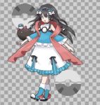  1girl alternate_costume bangs bare_shoulders black_hair blue_bow blue_dress blue_footwear blue_hairband boots bow braid checkered checkered_background commentary_request dress full_body gen_7_pokemon grey_background grey_eyes hair_between_eyes hair_bow hair_ornament hairband happy jpeg_artifacts long_hair looking_at_viewer namako_plum official_style open_mouth plum_(plum_no_bouken_note) plum_no_bouken_note poke_ball poke_ball_symbol pokemon pokemon_(creature) pyukumuku simple_background smile solo_focus standing tied_hair twin_braids two-tone_background virtual_youtuber 